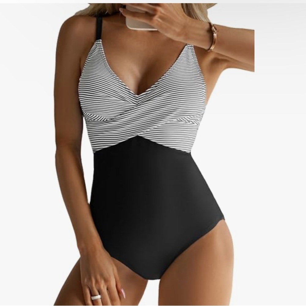 Striped Black and White One-Piece Swimsuit
